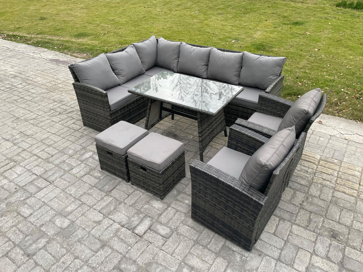 SITZGRUPPE mit Ecksofa,Fußhocker Polyrattan Dunkelgrau 10-Sitzer - Dunkelgrau/Grau, Glas/Kunststoff - Fimous
