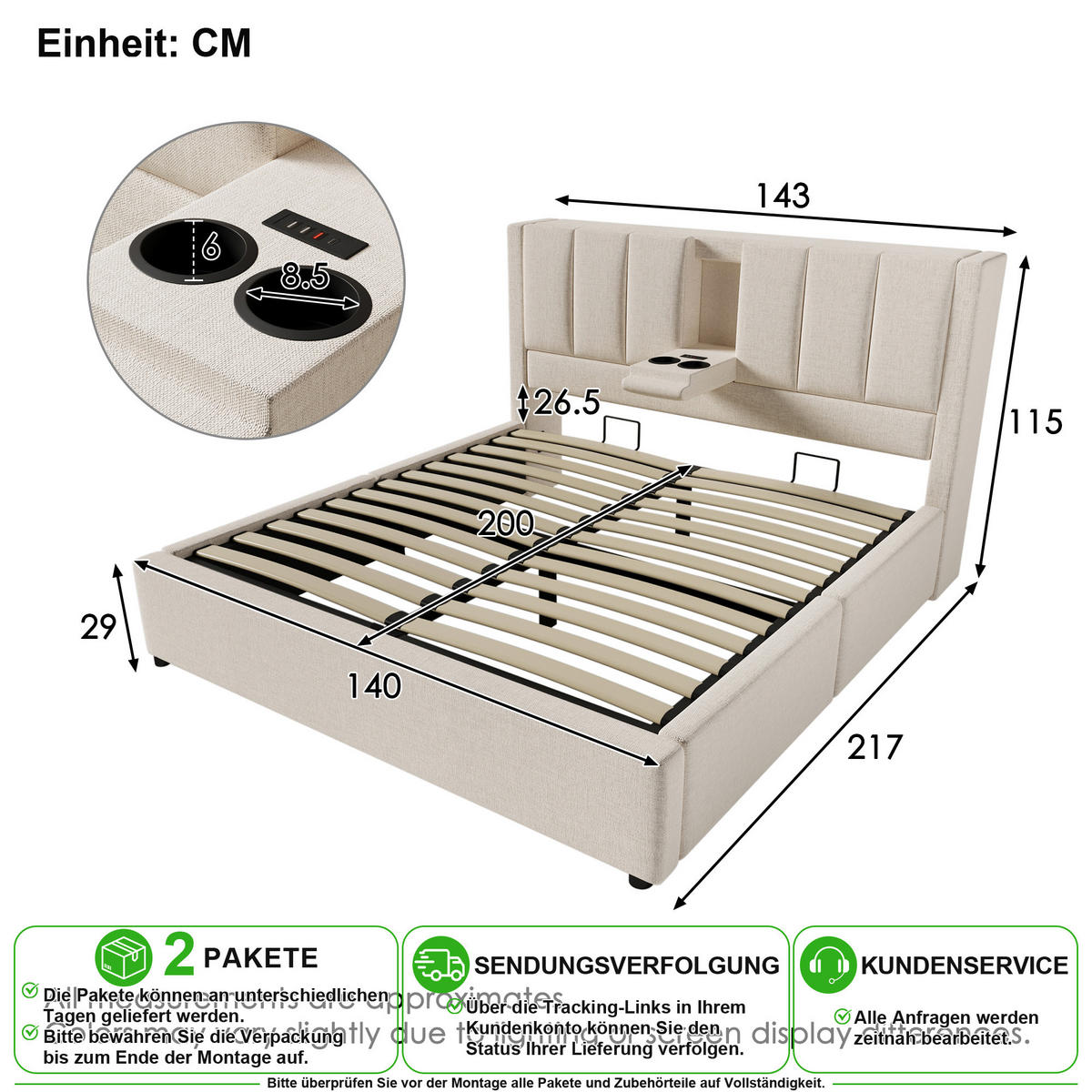 POLSTERBETT 140/200 cm in Beige mit Bettkasten, USB, Becherhalter und Leinen - Beige, Holzwerkstoff/Textil (140/200cm) - CHICFURN