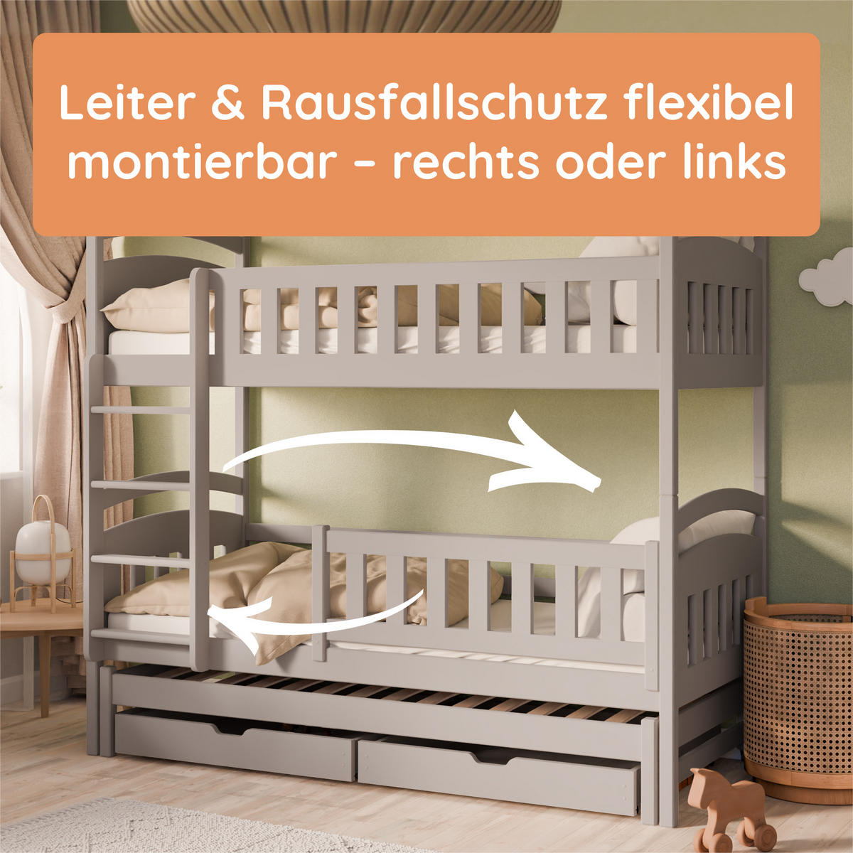 ETAGENBETT 90x200 cm mit Ausziehbett, zwei Schubladen & drei Matratzen in Kaschmir - Kaschmir, Holzwerkstoff (90/200cm) - Kids Collective