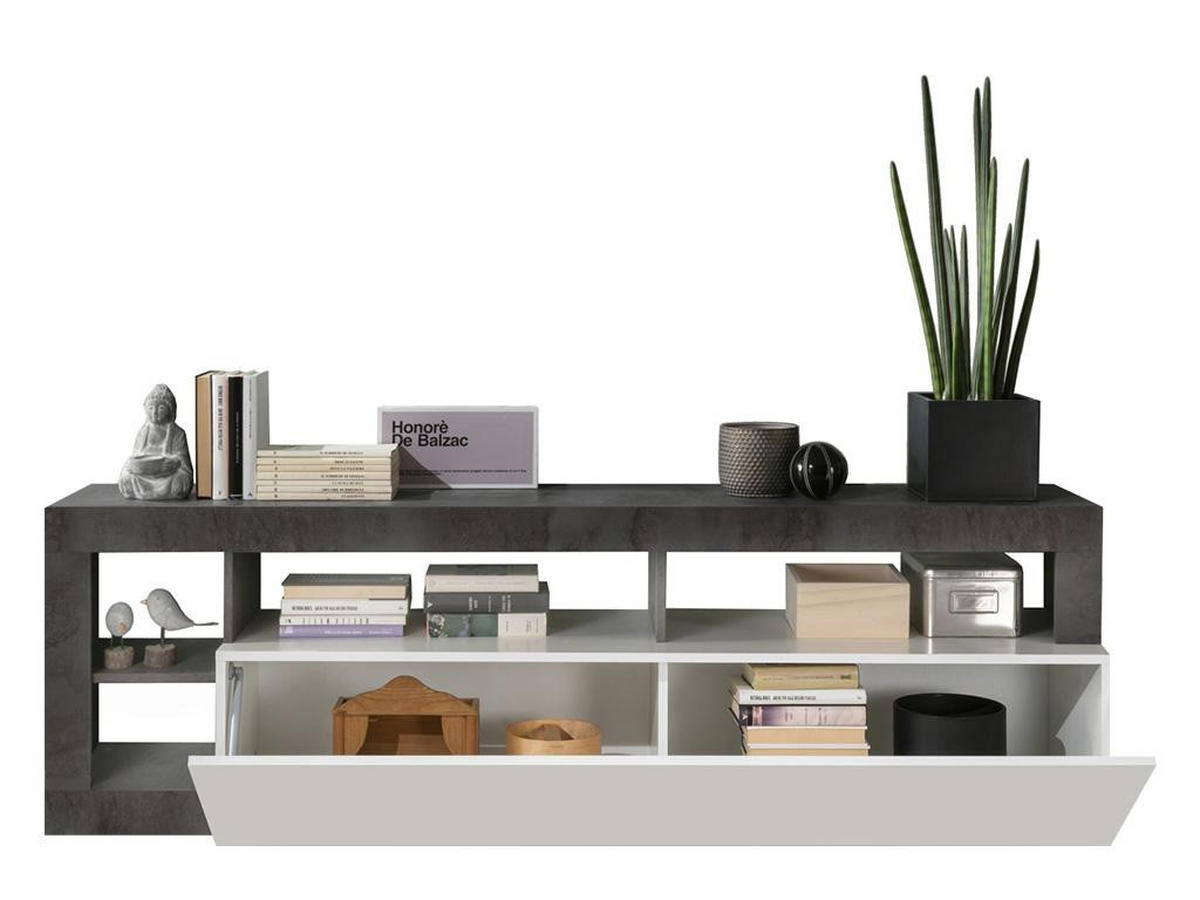 TV-MÖBEL mit 1 Tür & 4 Ablagen - Weiß lackiert & Beton-Optik - SEFRO - Grau, Holz (42/58/184cm) - Vente-Unique
