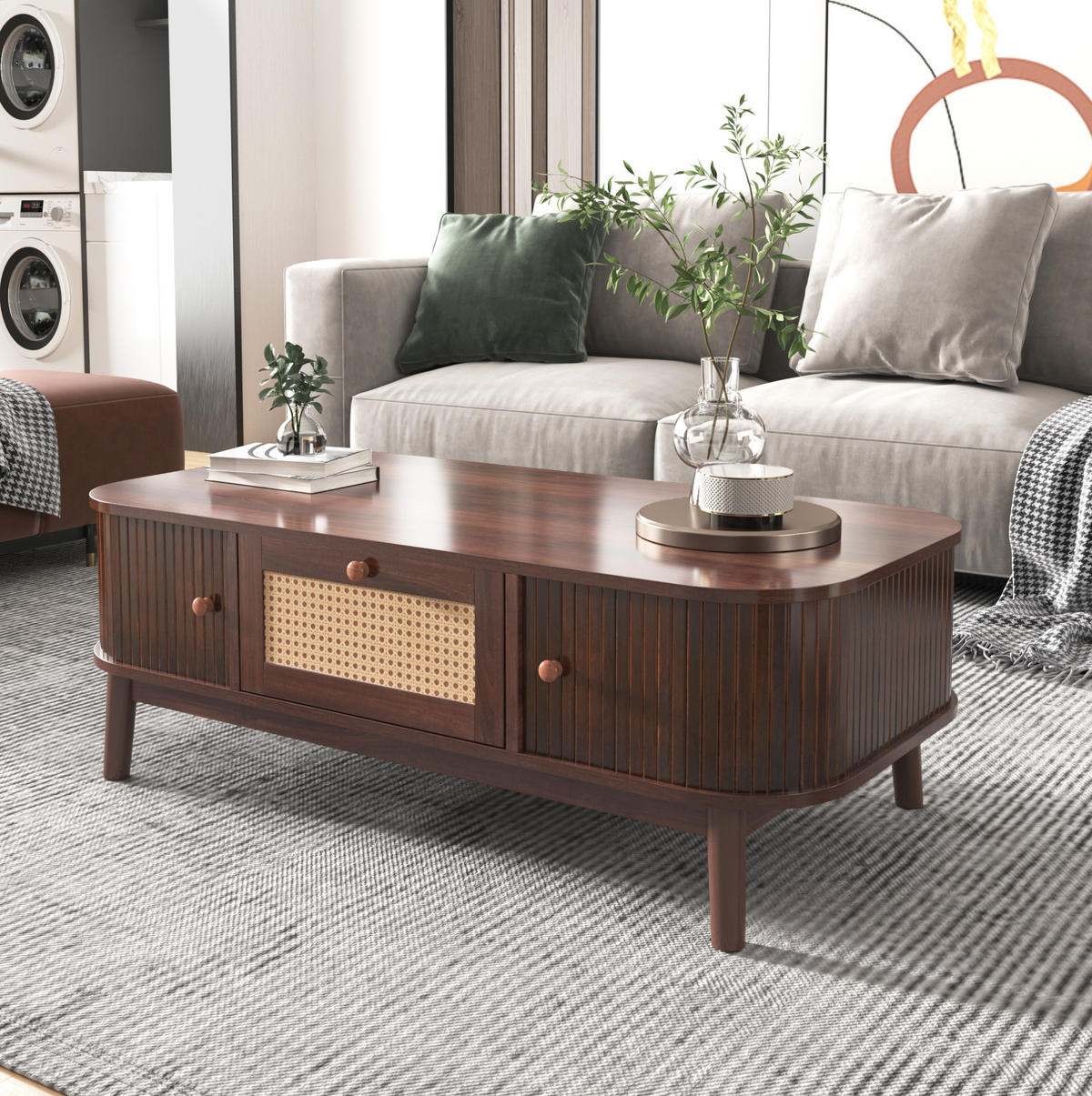 COUCHTISCH 110/55/38,5 cm mit Rattan und Schiebetüren in Natur - Naturfarben, Holzwerkstoff (110/55/38.5cm) - Flora Grace