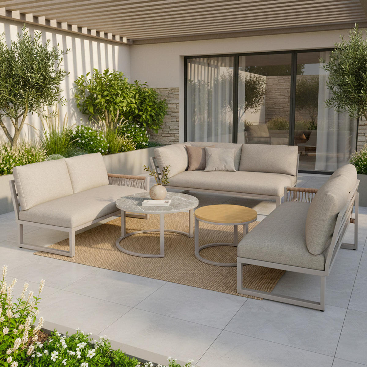 LOUNGEGARNITUR 5-tlg Beige Metall & Seil Ecksofa für 6–7 Personen mit 2 Couchtischen - Beige, Metall - Urban Meuble