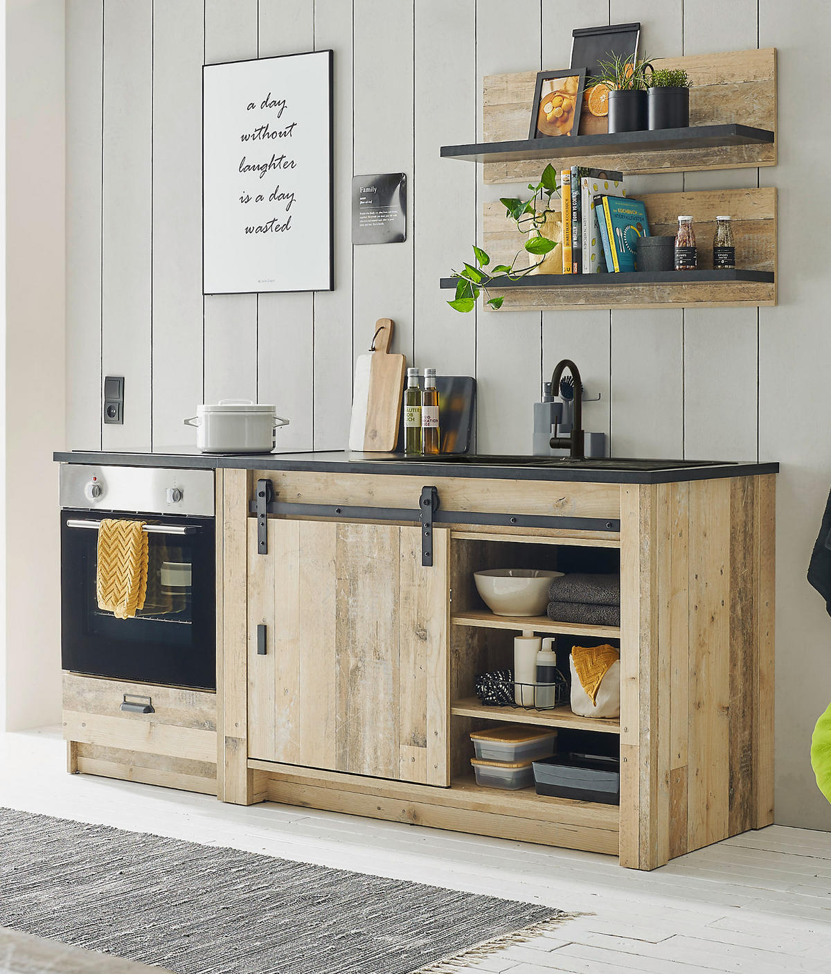 WANDREGAL Used Wood hell, anthrazit, Küchenregal 90 cm - Anthrazit/Naturfarben, Holzwerkstoff (90/30/21cm) - Furn.Design
