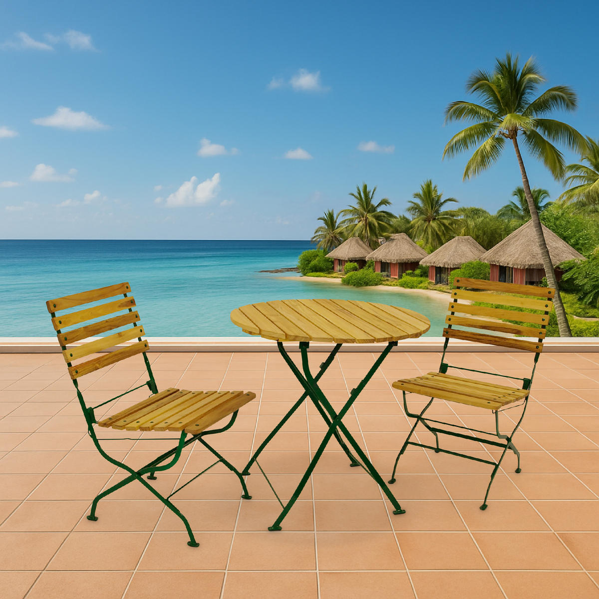 SITZGRUPPE Newcastle 3-teilig, Gartenmöbel Set 2 Personen - Flachstahl - Robinienholz -Bistrotisch Set mit 2 Stühlen - dunkelgrün - Grün, Holz - TPFGarden