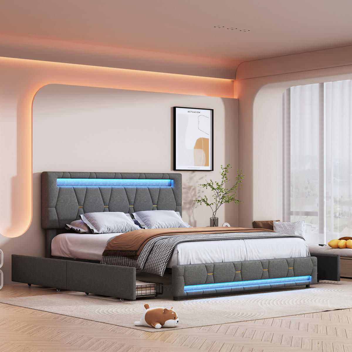 BETT 140 x 200 cm mit 4 Schubladen und LED, mit LED-Kopftei - Grau, Holzwerkstoff/Textil (140/200cm) - WoodenAura