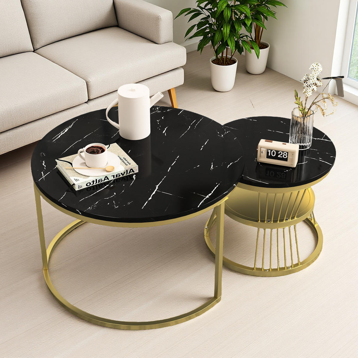 COUCHTISCH-SET Marmoroptik Schwarz, Metallgestell Gold, 2er Set - Goldfarben/Schwarz, Metall (70/70/45.5cm) - SHOPENTRA