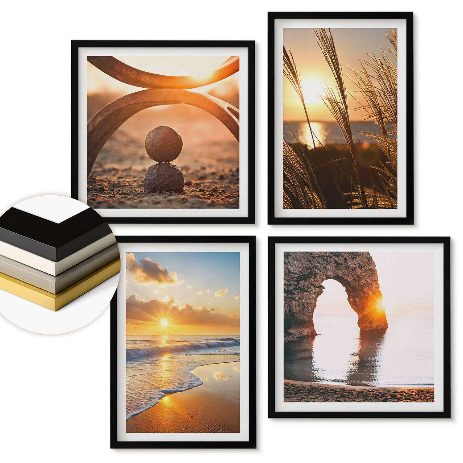 WANDBILDER 4er-Set - 50x50 cm & 40x60 cm Schwarzer Rahmen - Ruhige Landschaften am Strand der Sonne - Schwarz, Kunststoff (50/50cm) - ArtPrintCave