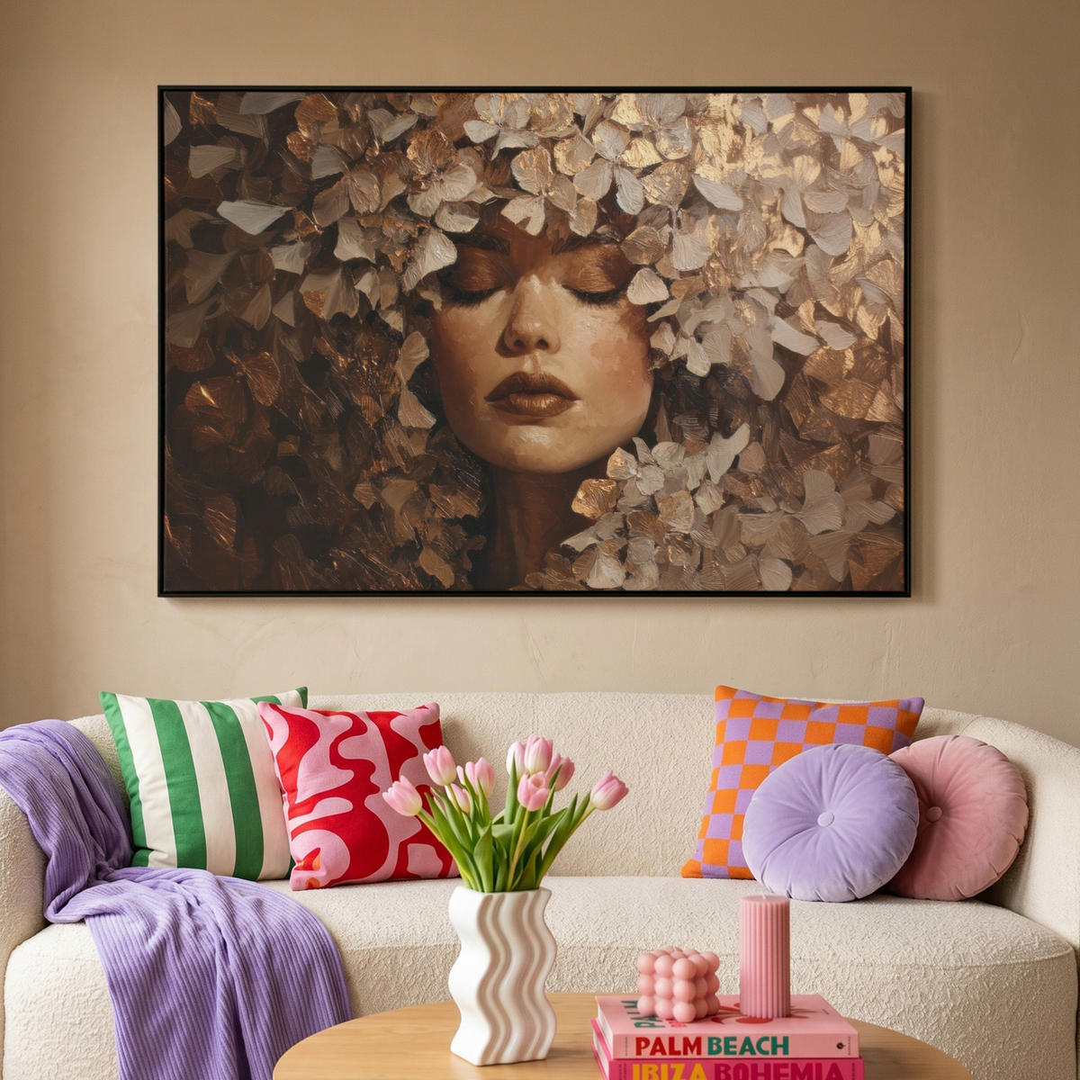 LEINWAND Bilder mit Rahmen - Gesicht - Dame - Blätter - Pinselstriche - 150x100 - Goldfarben, Textil (150/100cm) - MuchoWow