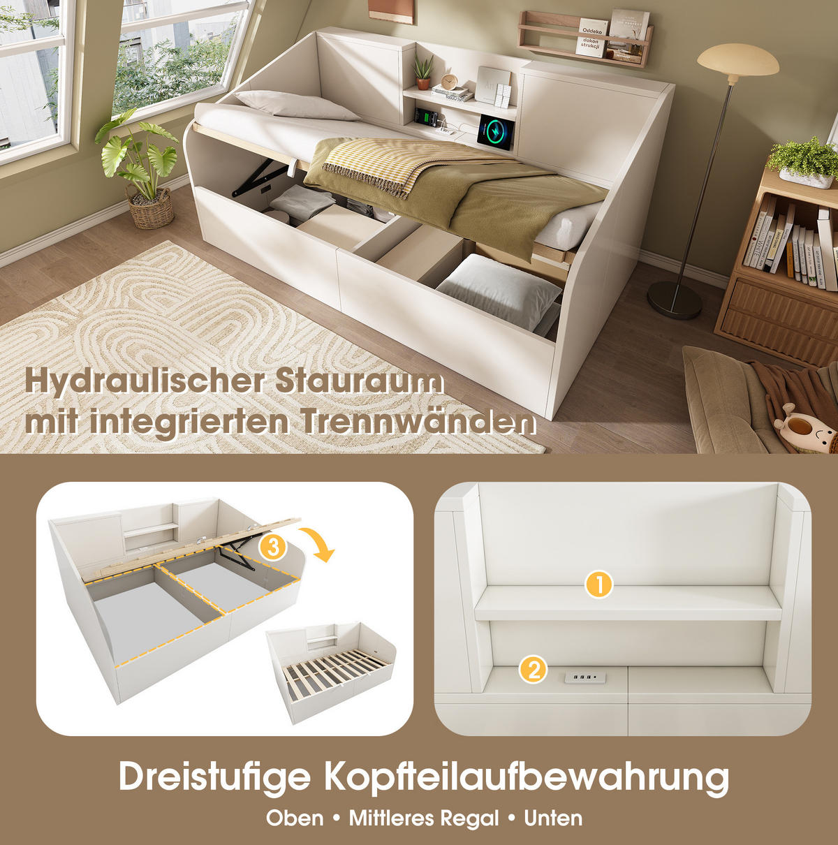 POLSTERBETT 90/200 cm Weiß aus Holz mit Stauraum - Weiß, Textil (90/200cm) - OKMYHOME