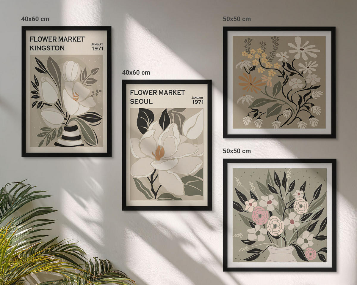 BILDER SET 4er Set - 50x50 cm & 40x60 cm Schwarzer Rahmen - Retro-Blumen aus Städten rund um die Welt - Schwarz, Kunststoff (50/50cm) - TULUP