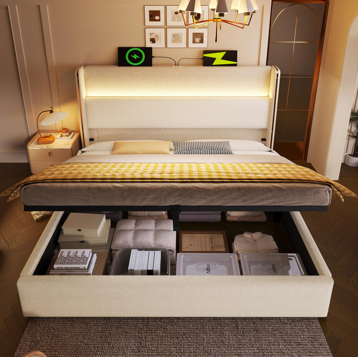 ČALOUNĚNÁ postel 160/200 cm s LED osvětlením, USB a USB-C, hydraulickým úložným prostorem a lněným vzhledem, Béžová - béžová, textil (160/200cm) - Redom