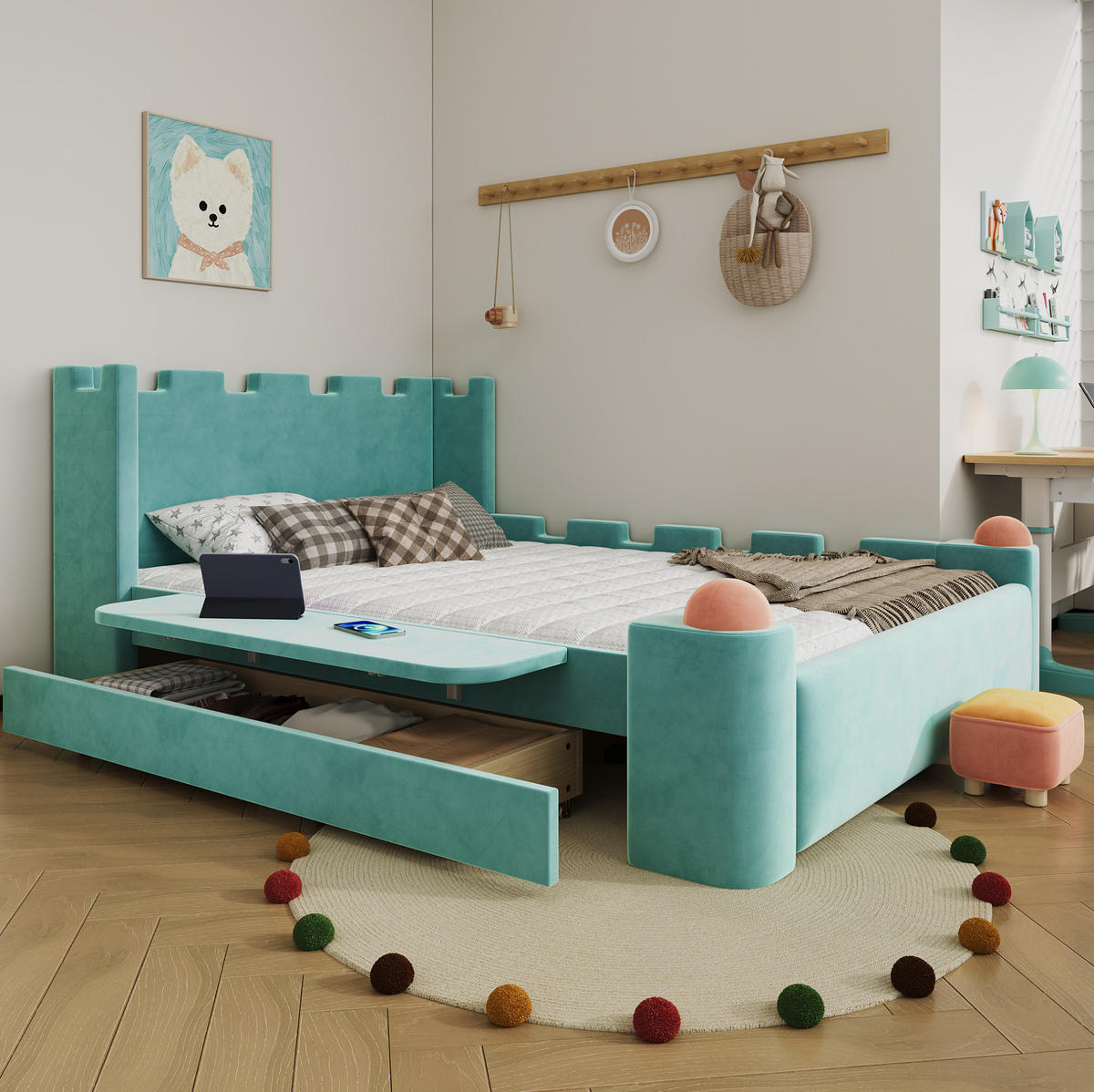 KINDERPOLSTERBETT 140x200 cm in Blaugrün mit Schublade und klappbarer Ablage - Blau, Holz (140/200cm) - IVMEU