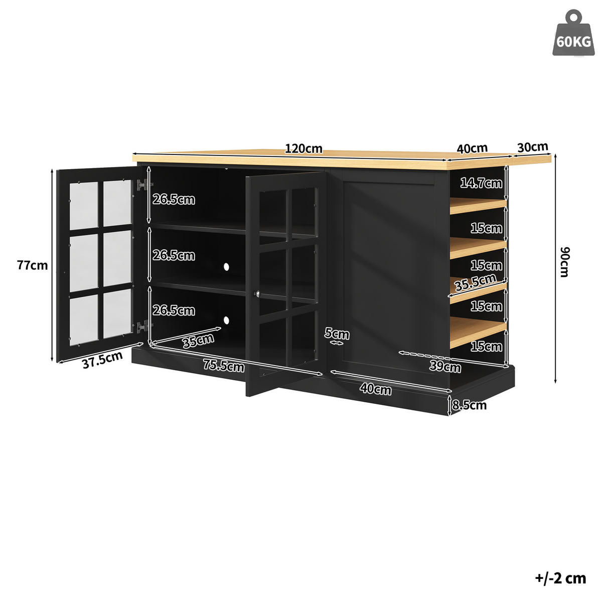 KÜCHENINSEL klappbar mit LED 120 x 40-70 x 90 cm Schwarz - Schwarz, Holz (70/90/120cm) - Beauniv