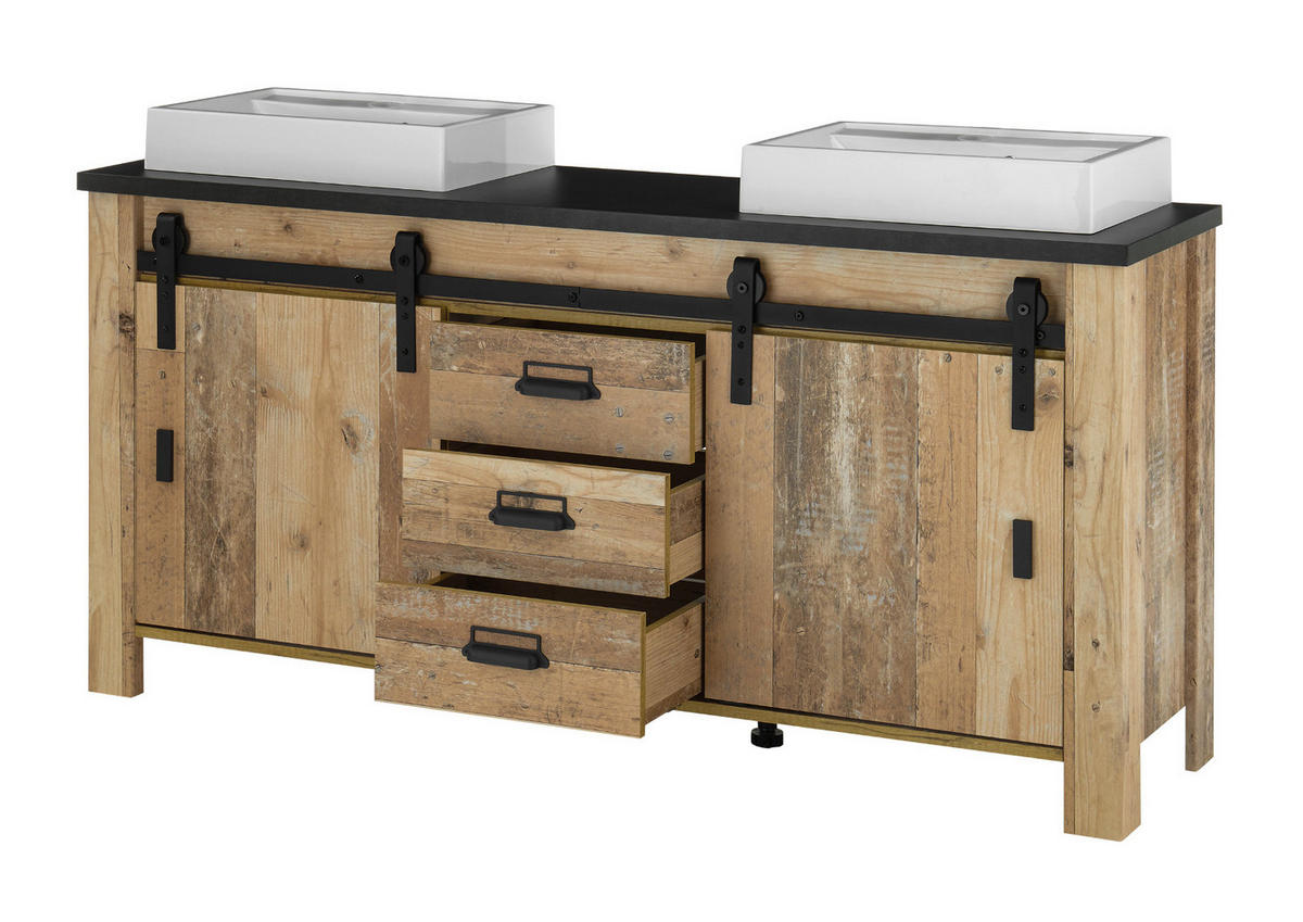 DOPPELWASCHTISCH Used Wood hell, anthrazit, Waschtisch Set inkl. 2 x Waschbecken 164 cm - Eichefarben/Anthrazit, Holz/Holzwerkstoff (164/81/43cm) - Furn.Design