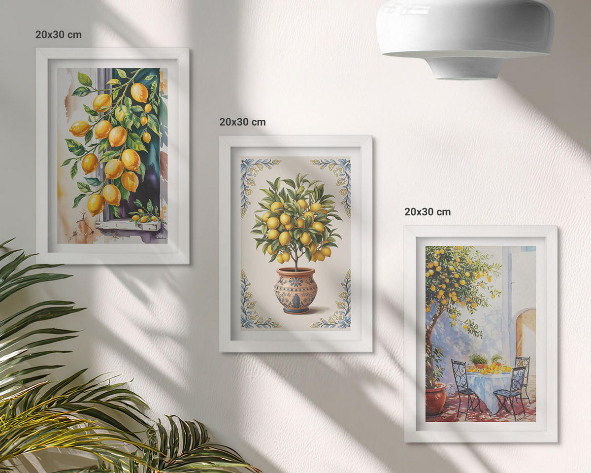 BILDER SET 3er Set - 20x30 cm Weißer Rahmen - Zitronenbäume Früchte Sonne - Weiß, Kunststoff (20/30cm) - TULUP