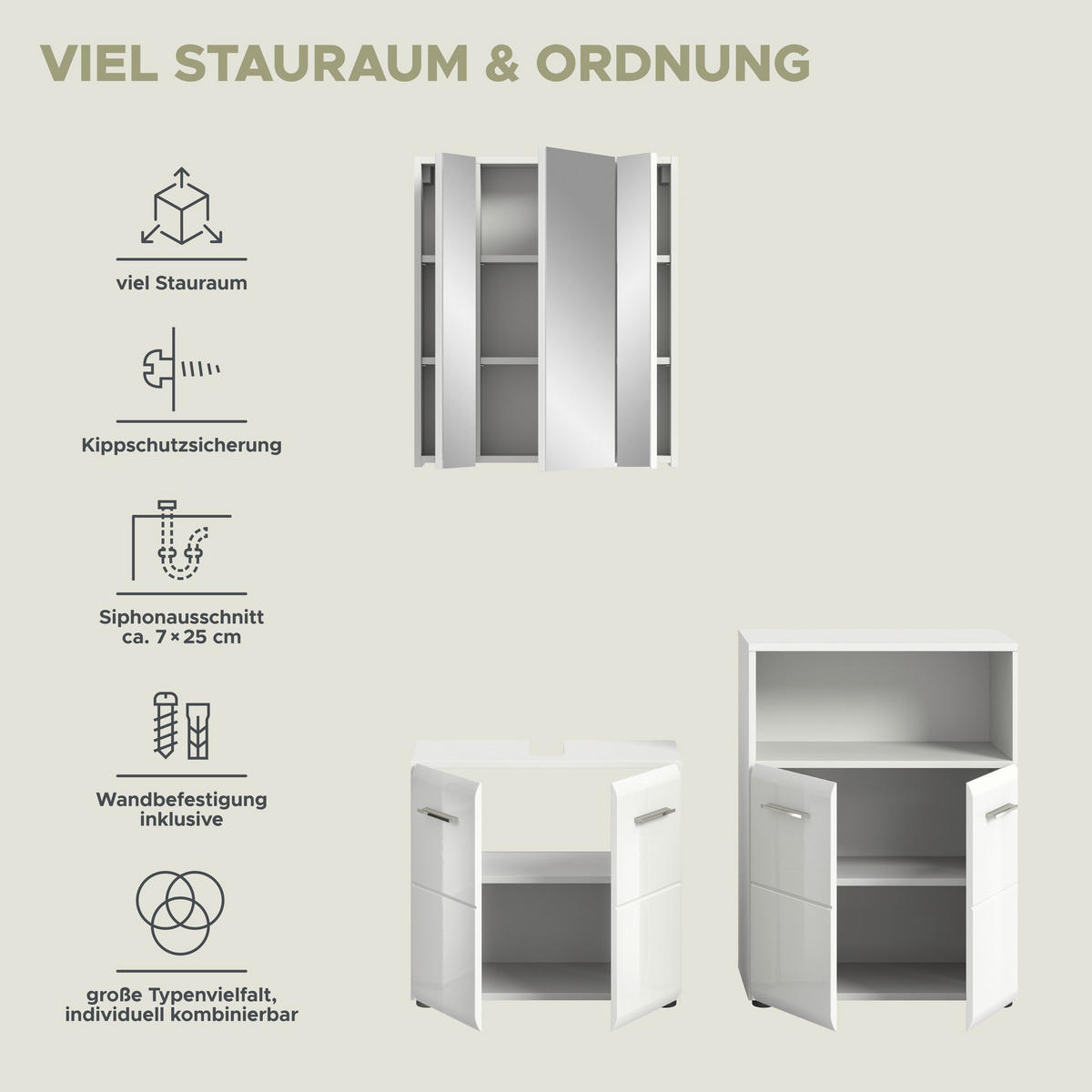 BADKOMBINATION Ice 135x185x30 cm weiß Hochglanz MDF 3tlg. - Weiß, Holz (135/185/30cm)