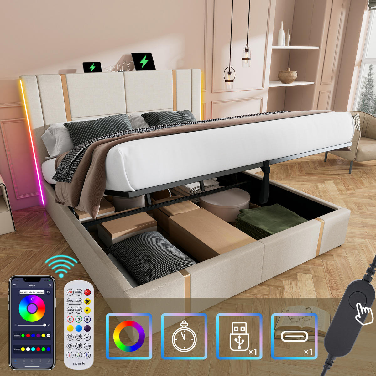 ČALOUNĚNÁ postel 160/200 cm s LED osvětlením, USB a USB-C, úložným prostorem a matrací, Béžová - béžová, textil (160/200cm) - Redom