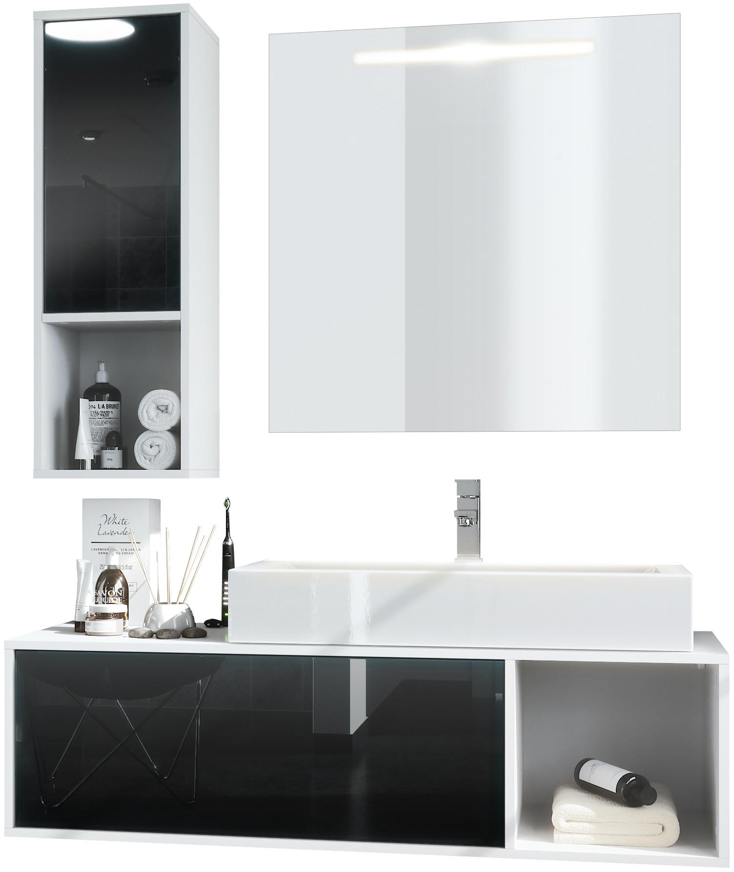 BADMÖBELSET La Costa Fronten in Schwarz Hochglanz - Schwarz Hochglanz, Holzwerkstoff (126.5/190/46cm) - Vladon