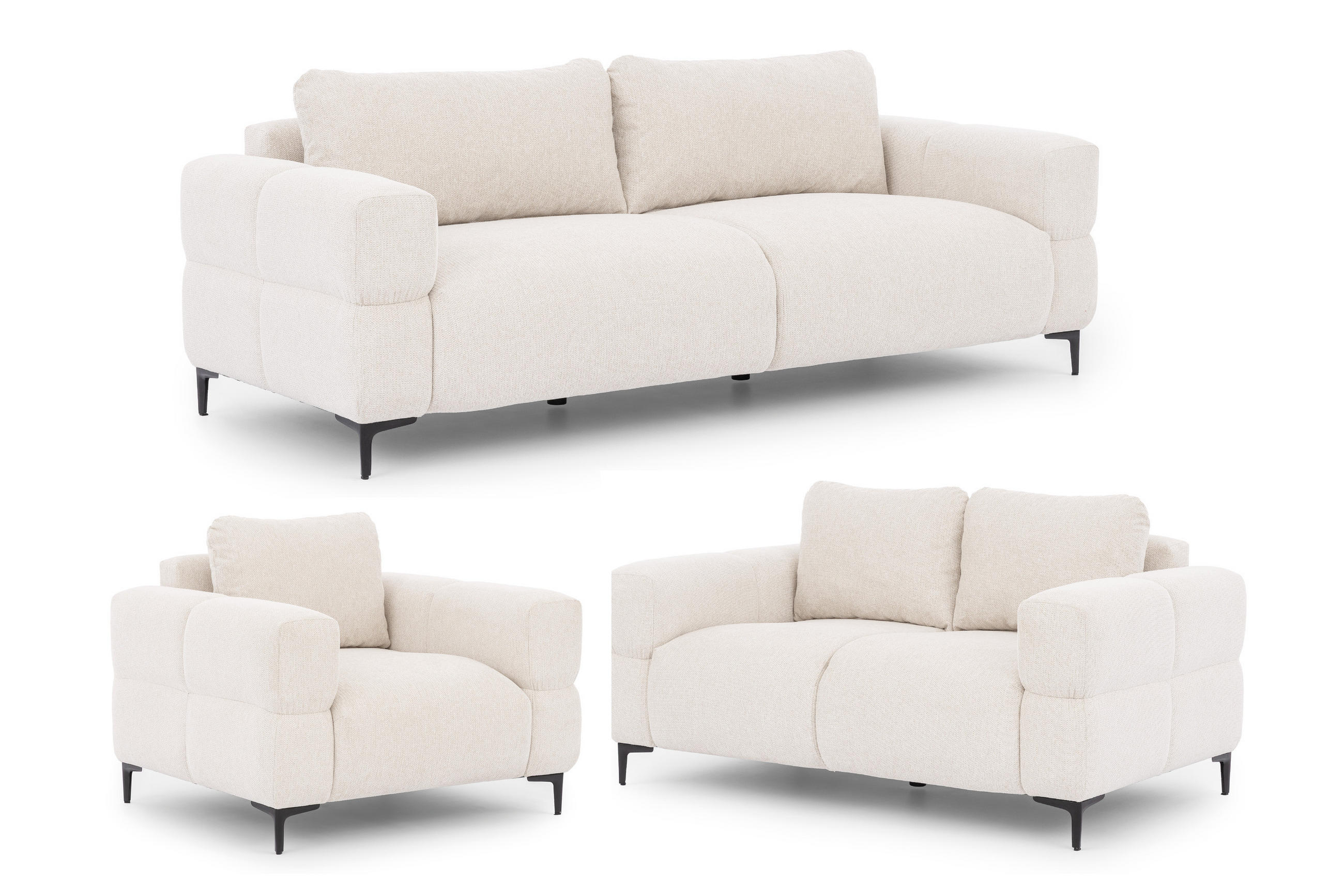 SITZGARNITUR 3+2+1 Cardea in Bubble-Optik aus weichem Creme Strukturstoff mit hohem Sitzkomfort - Creme/Schwarz, Holz/Textil (217/80/97cm) - S-Style Möbel