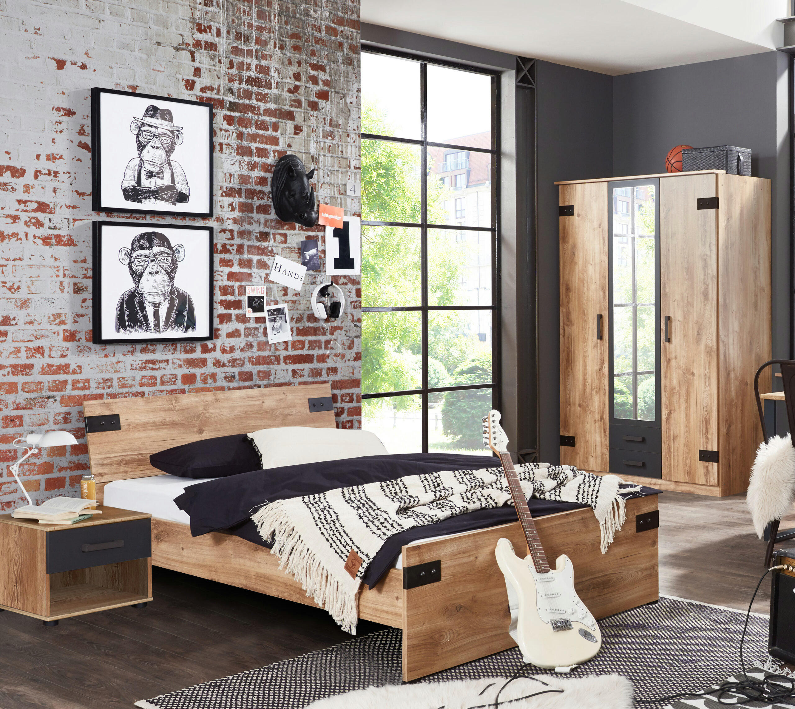 JUGENDZIMMER Liverpool in Plankeneiche und Graphit 3 teilig mit 140er Bett und Drehtürenschrank - Braun, Holzwerkstoff (120/200/80cm)