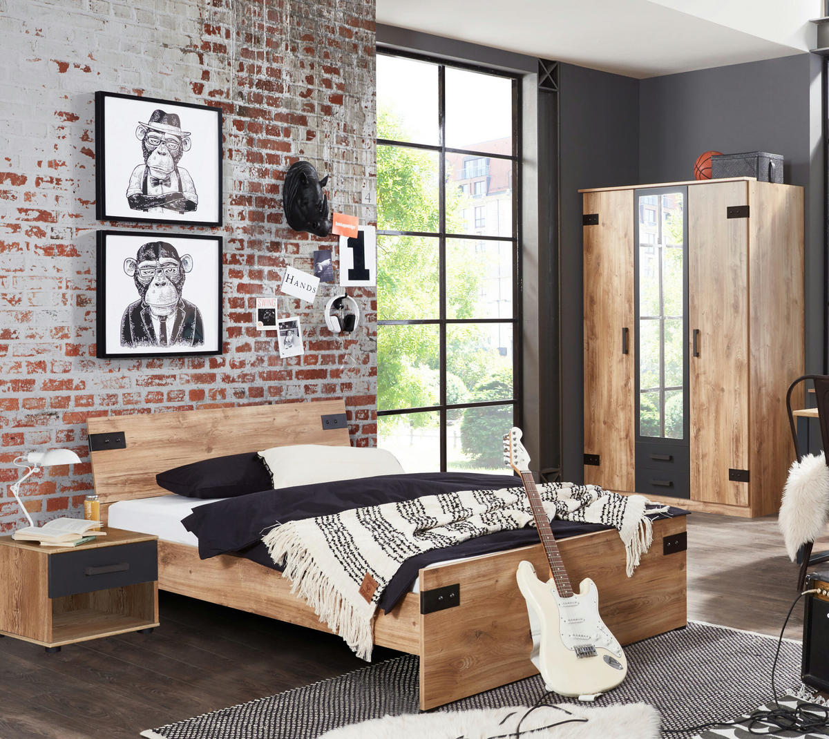 JUGENDZIMMER Liverpool in Plankeneiche und Graphit 3 teilig mit 140er Bett und Drehtürenschrank - Braun, Holzwerkstoff (120/200/80cm)