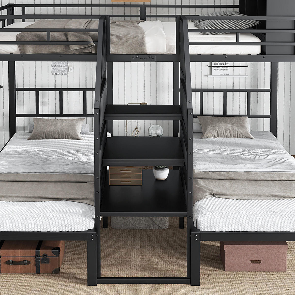 ETAGENBETT 90/200 cm & 140/200 cm in Schwarz mit Stauraum und Treppe mit Handläufen - Schwarz, Holzwerkstoff/Metall (140/200cm) - STILVORA