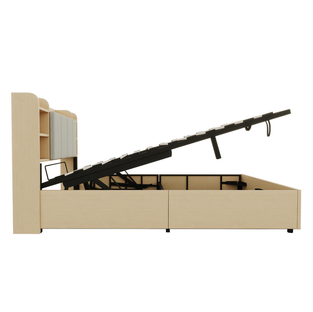 BETT 140/200 cm mit hydraulischem Bettkasten, Kopfteil mit Stauraum, USB- und USB-C-Anschluss, MDF, farbe - Naturfarben, Holzwerkstoff (140/200cm) - Redom