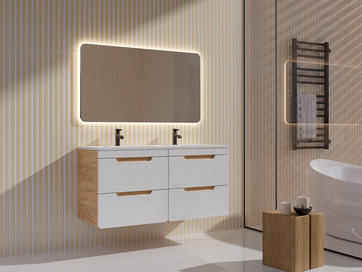 WASCHBECKENUNTERSCHRANK - 120cm x 46cm - MDF - naturfarben hell, weiß - ARUBA - Naturfarben, Holz (120/59/46cm) - Vente-Unique