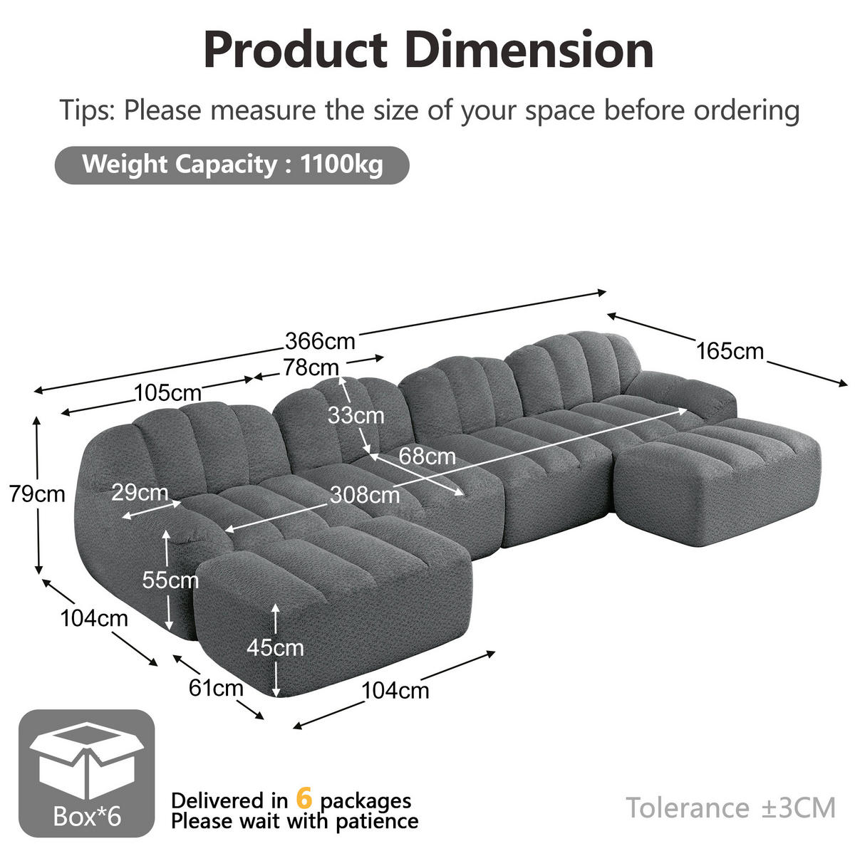 SOFA modular 4-Sitzer U-Form Grey - Grau, Kunststoff (165/79/366.1cm) - Meubliv