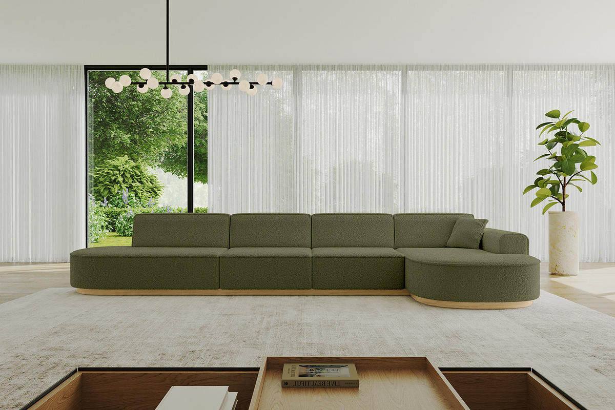 ECKSOFA Ottomane Rechts MARI-L3-v2 - 413x171x83 cm Grün Bouclé - Grün, Holzwerkstoff/Textil (171/413cm) - ALTDECOR