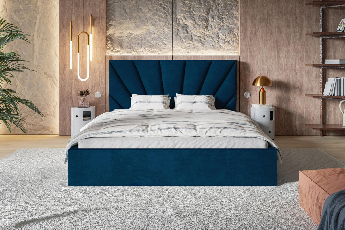 BETT 90x200 - Polsterbett mit Bettkasten und Holzrahmen - Modern Betten - Glatter Kronos-Stoff - Kollektion Denver, Blau - Blau, Holz/Textil (90/200cm) - Alpi-Möbel