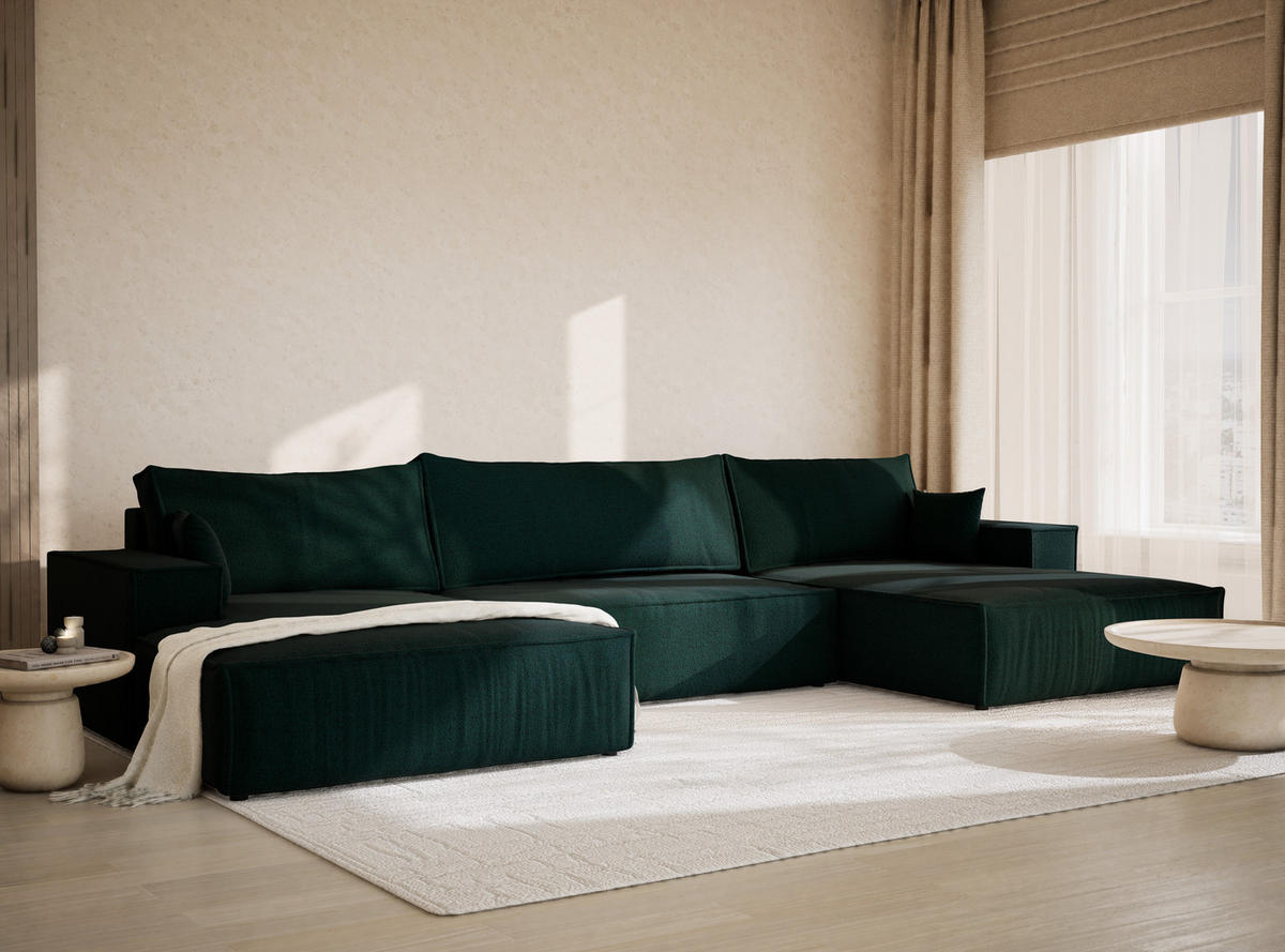 WOHNLANDSCHAFT Kyoto Grün Webstoff - Schwarz/Grün, Holz/Holzwerkstoff (398/70/148cm) - Maison de Reve