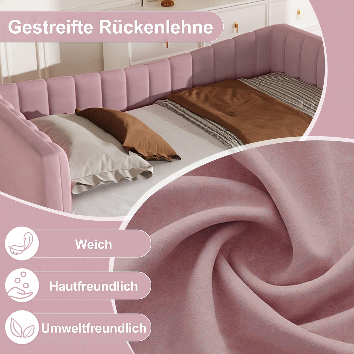 POLSTERBETT 90/200 cm Rosa mit Ziehbett - Rosa, Textil (180/200cm) - OKWISH