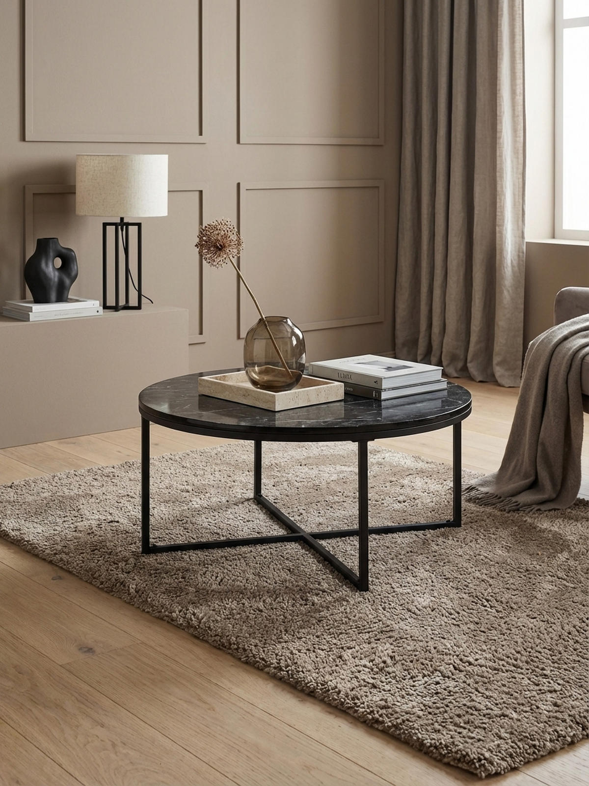 COUCHTISCH mit Marmor-Optik und Hochglanz-Finish, rund, Schwarz 80x80x35 cm - Schwarz, Holz/Metall (80/80/35cm) - KADIMA DESIGN