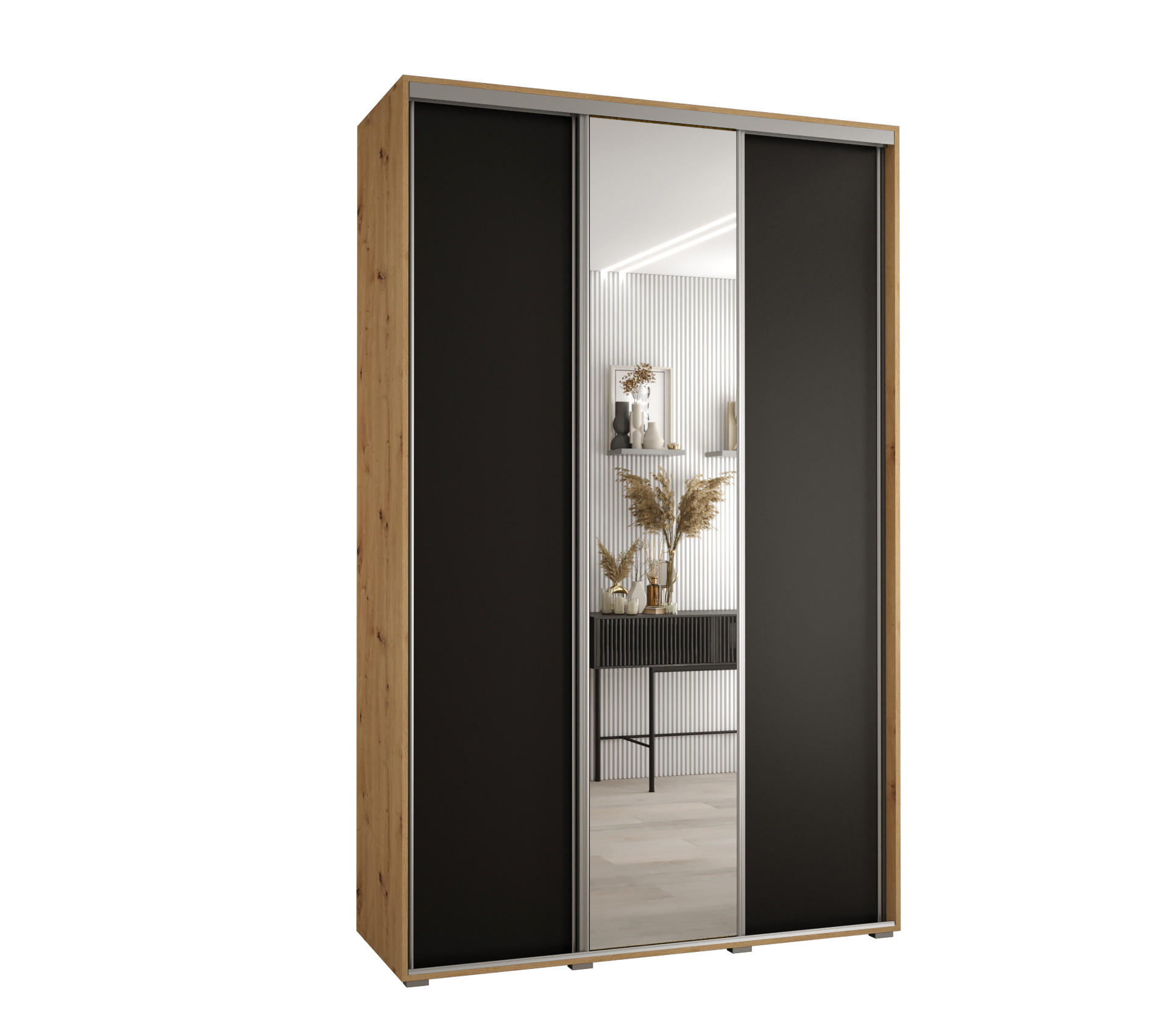 Abiks Möbel Schwebetürenschrank Eiche Artisan, Schwarz, Silber 160x235x60 cm