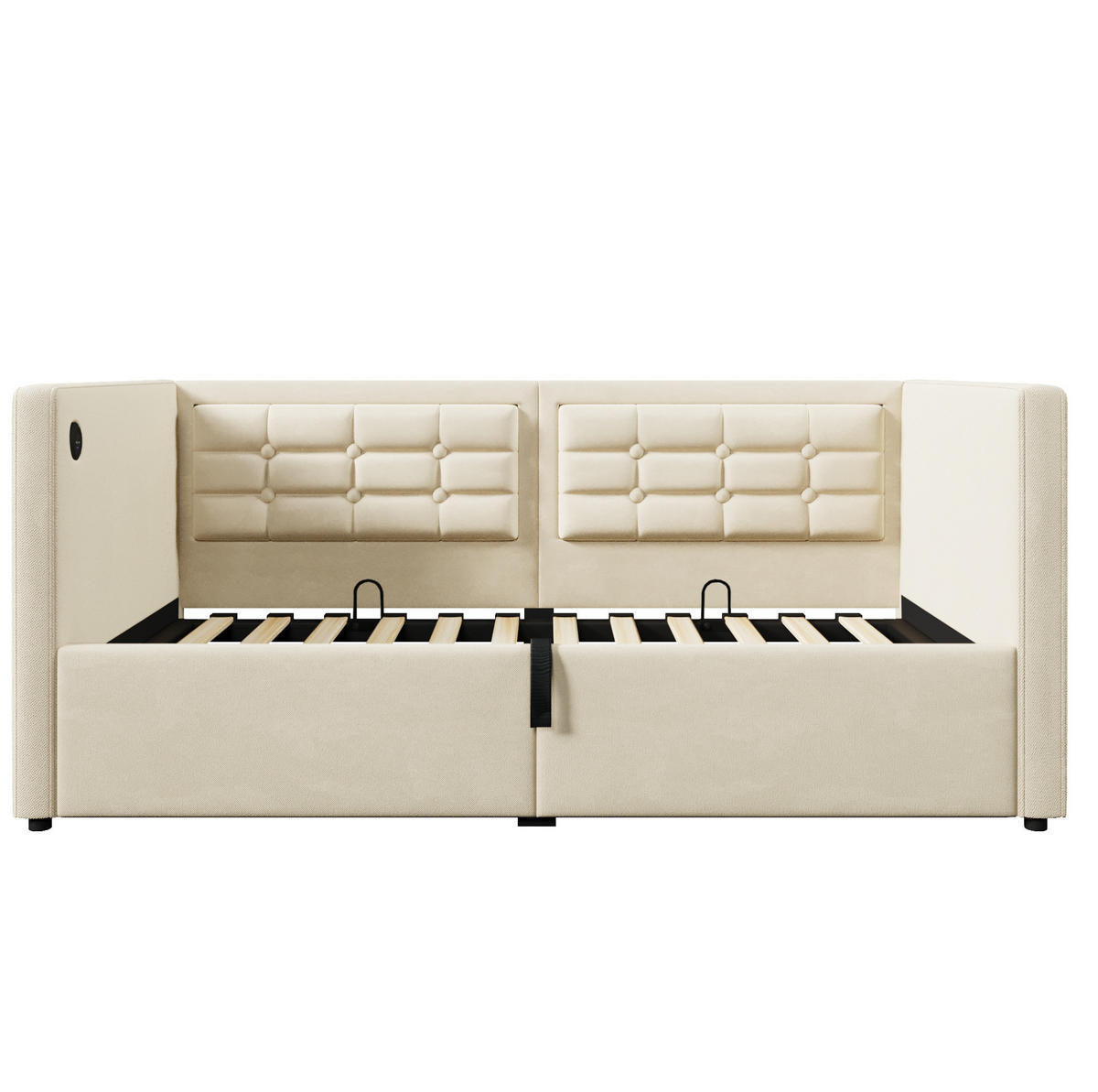 BETT 90/200 cm in Beige mit Stauraum und USB- und Type-C-Anschlüssen - Beige, Textil (90/200cm) - Flora Grace