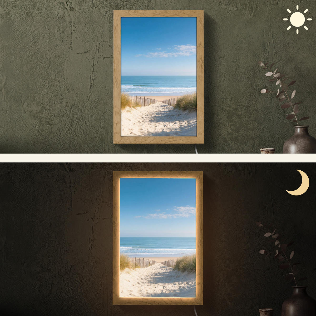 NÁSTĚNNÁ LAMPA Pláž - moře - duny - písek - léto 20x30 cm - písková barva, kompozitní dřevo (20/30/8cm) - OnlyWow