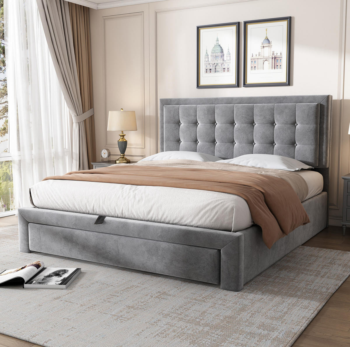 POLSTERBETT 140/200 cm aus Samt mit verstellbarem Kopfteil und Stauraum Grau - Grau, Textil (140/200cm) - Modenvie