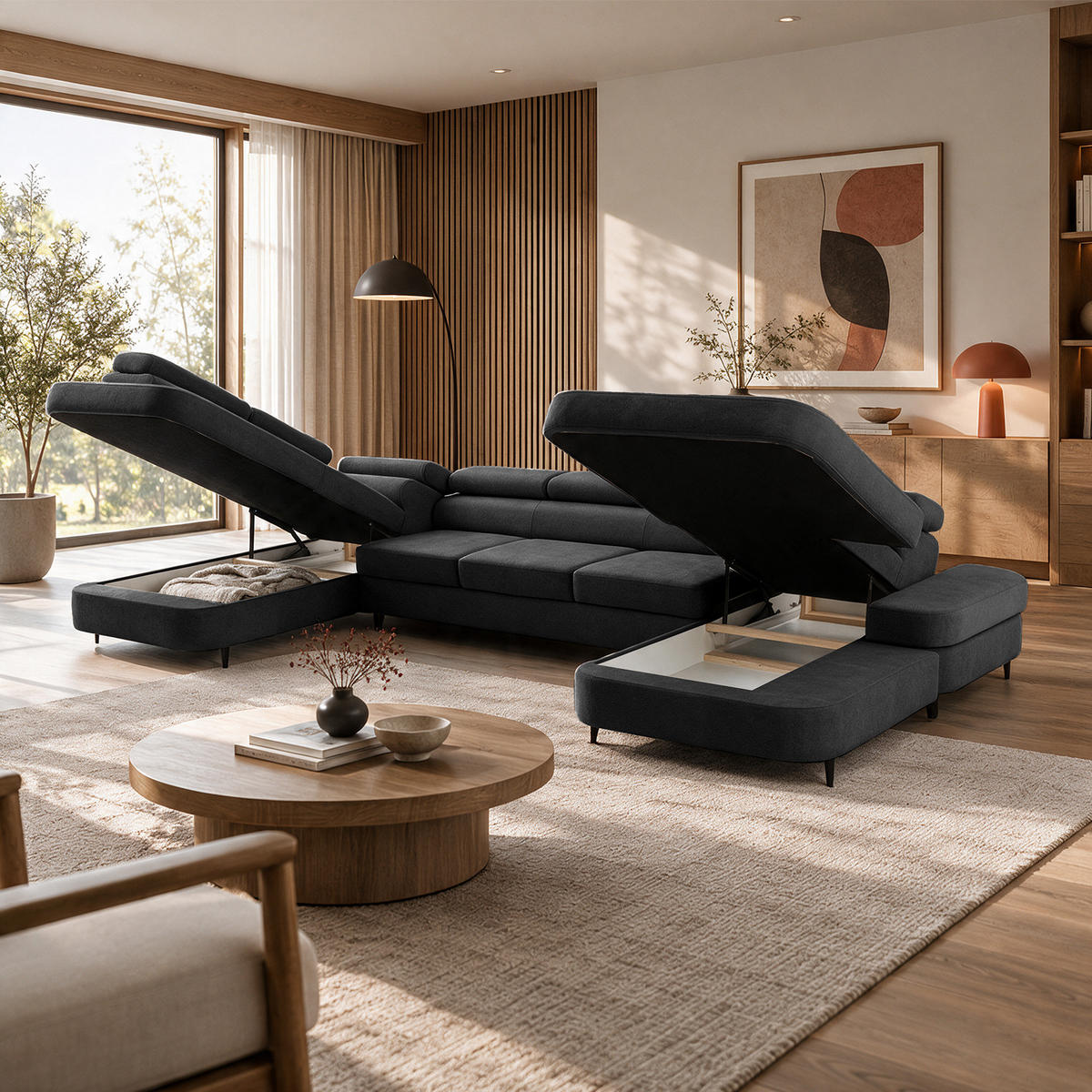 ECKSOFA U-Form PRIAM MAXI U Links mit Schlaffunktion 125x317 Velours Dunkelgrau - Dunkelgrau/Schwarz, Holz/Textil (203/91/400cm) - Muffo