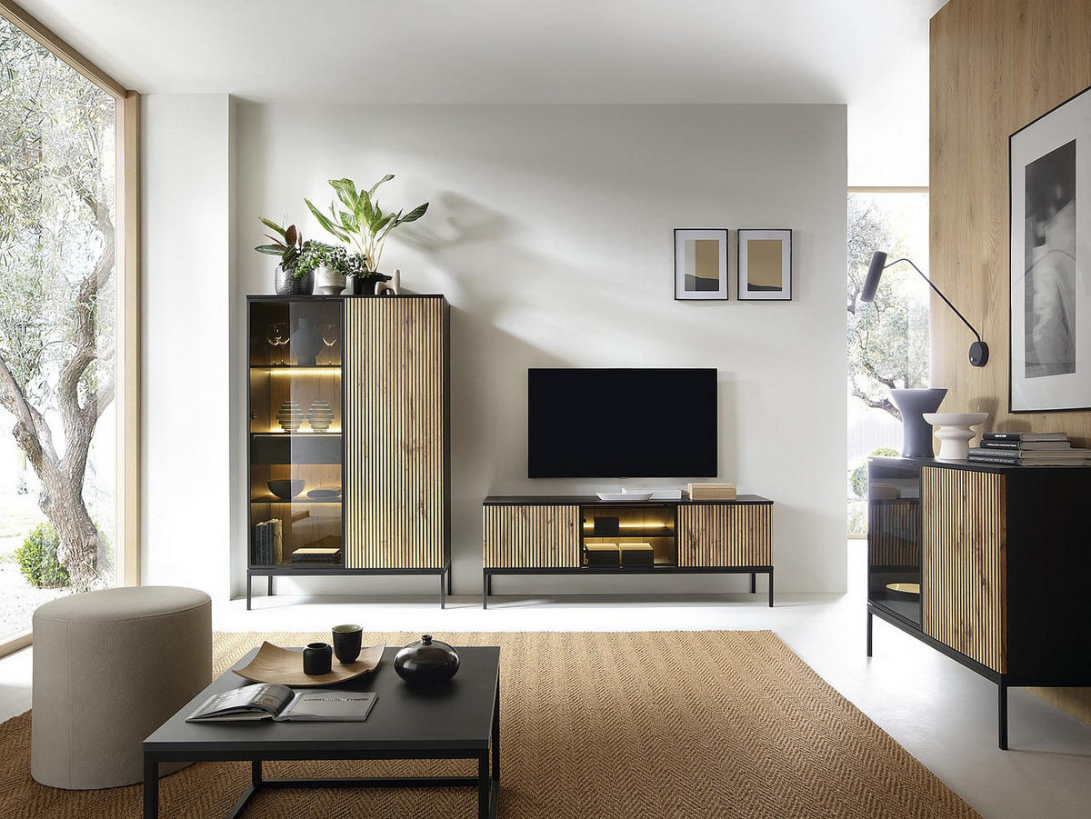 TV-MÖBEL - 3 Türen - mit LED-Beleuchtung - MDF & Rauchglas - Schwarz & Holzfarben - OVILA - Schwarz, Holz (153.4/56.2/39cm) - Vente-Unique