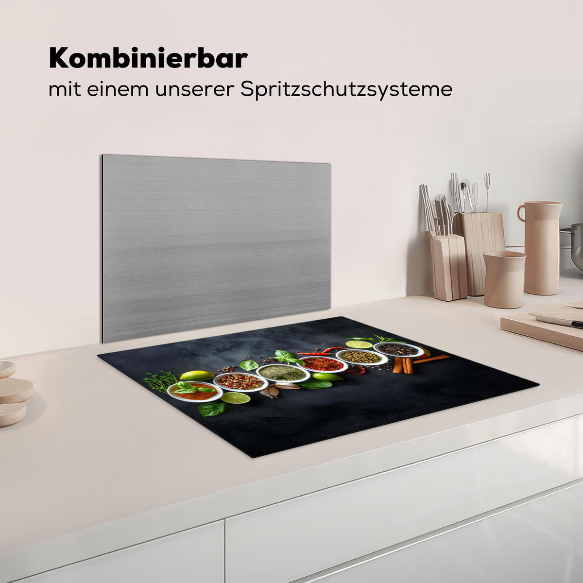 HERDABDECKPLATTE Kräuter - Gewürze - Konkrete Optik - Stilleben Herdabdeckung Induktionsfeld 65x52 cm - Multicolor, Kunststoff (65/52/0.2cm) - MuchoWow