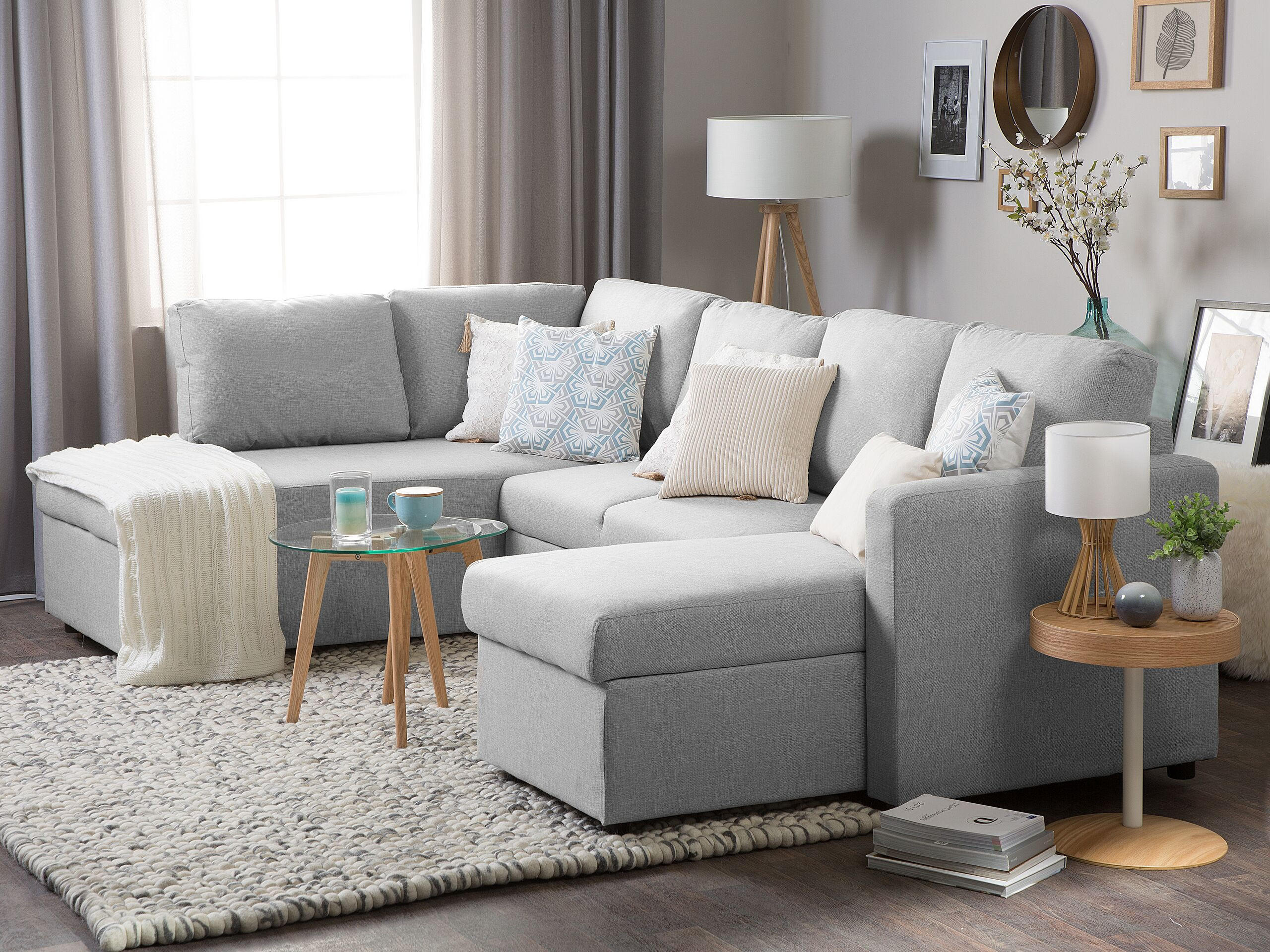 SCHLAFSOFA U-förmig Polsterbezug Hellgrau Karrabo - Hellgrau, Textil (285/90/185cm) - Beliani