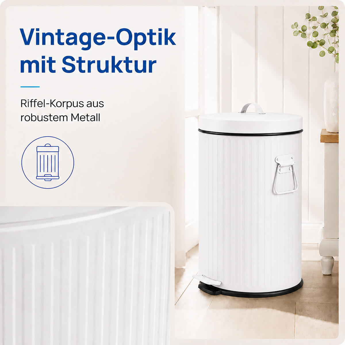 MÜLLEIMER Weiß Tretpedal Soft Close Metall 20 l - Weiß, Kunststoff/Metall (29.5/47/29.5cm) - Relaxdays