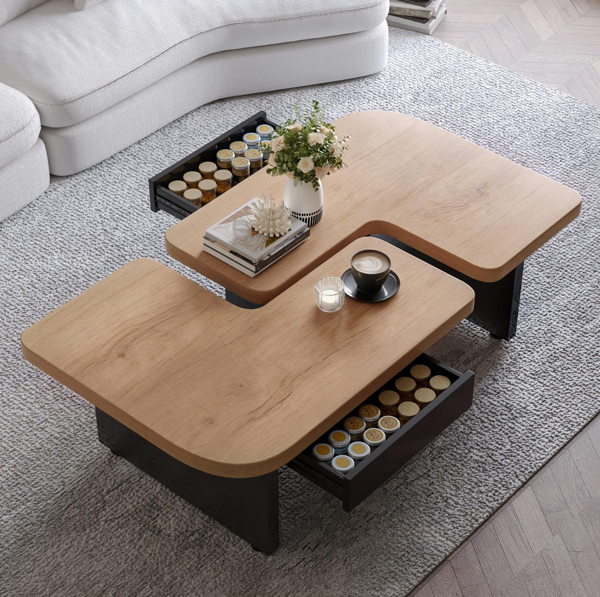 COUCHTISCH 90/60/44,5 cm natur aus MDF mit LED und 2 Schubladen - Naturfarben, Holzwerkstoff (90/60/44.5cm) - OKWISH