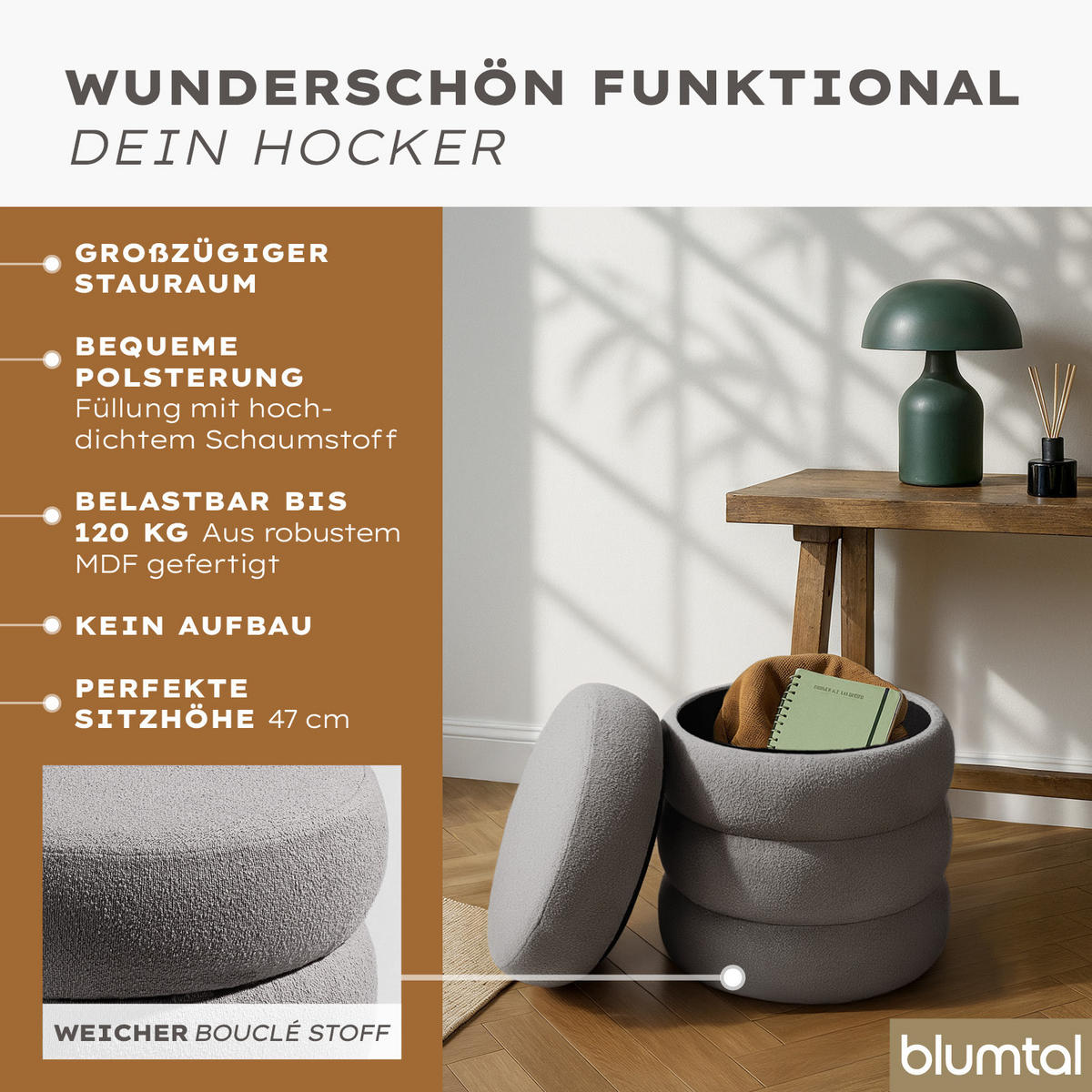SITZHOCKER mit Stauraum Rund – Weicher Bouclé Pouf Grau - Grau, Textil (42/47/42cm) - Blumtal