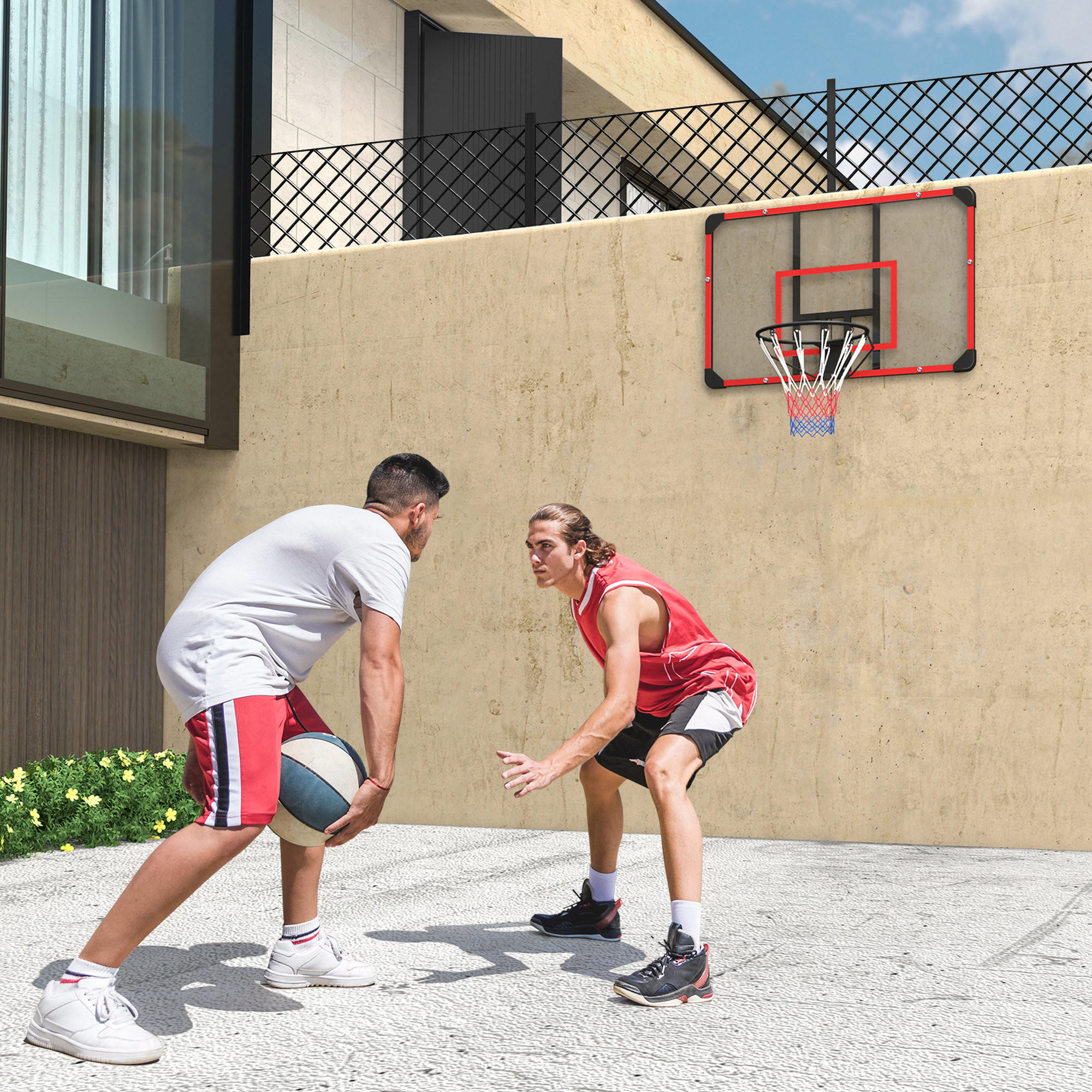 BASKETBALLKORB, Basketballbrett mit Korb, Wandmontage, für Outdoor, Stahl - Rot, Metall (61/113cm) - SPORTNOW