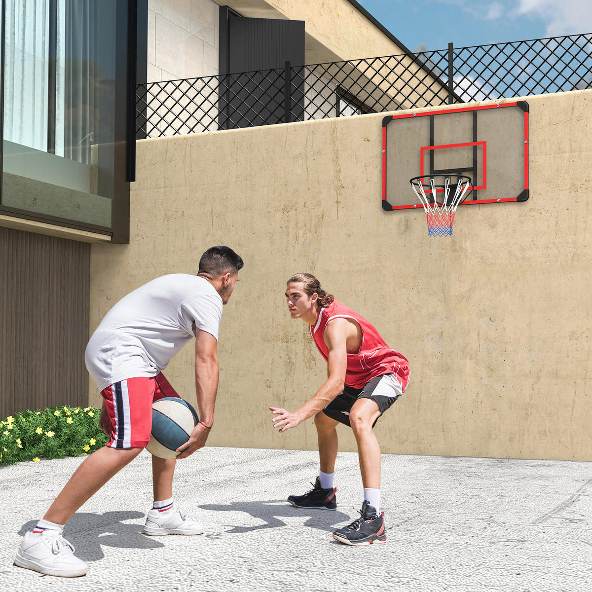 BASKETBALLKORB, Basketballbrett mit Korb, Wandmontage, für Outdoor, Stahl - Rot, Metall (61/113cm) - SPORTNOW