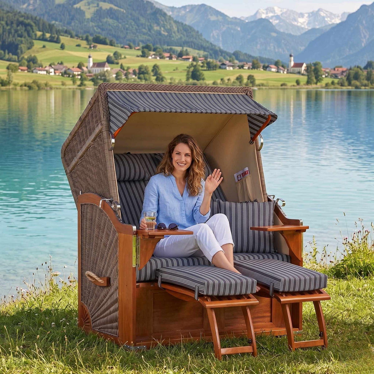 STRANDKORB Seeblick 2 Sitzer Mahagoni - Braun/Grau, Metall (125/170/80cm) - Mr. Deko