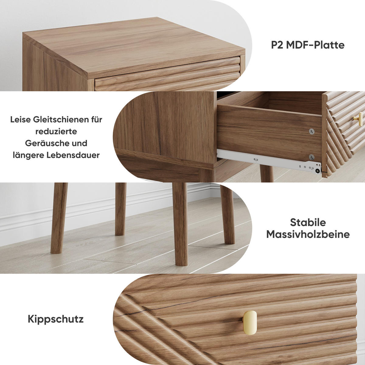 NACHTTISCH Set 2er Eiche 40 cm – Mid Century Nachtkonsole mit Strukturfront & Metallgriff - Eichefarben, Holzwerkstoff (40/55/40cm) - Urban Meuble