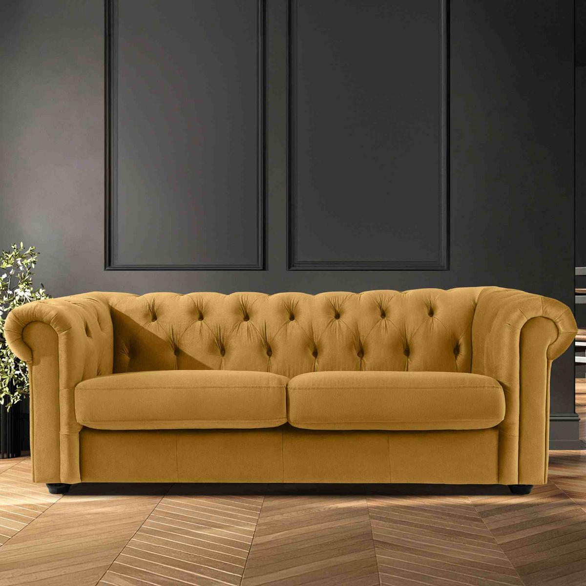 3-SITZER-SOFA GRAVO Chesterfield, Velours - Wengefarben/Gelb, Leder/Holz (202/72/95cm) - KONSIMO®